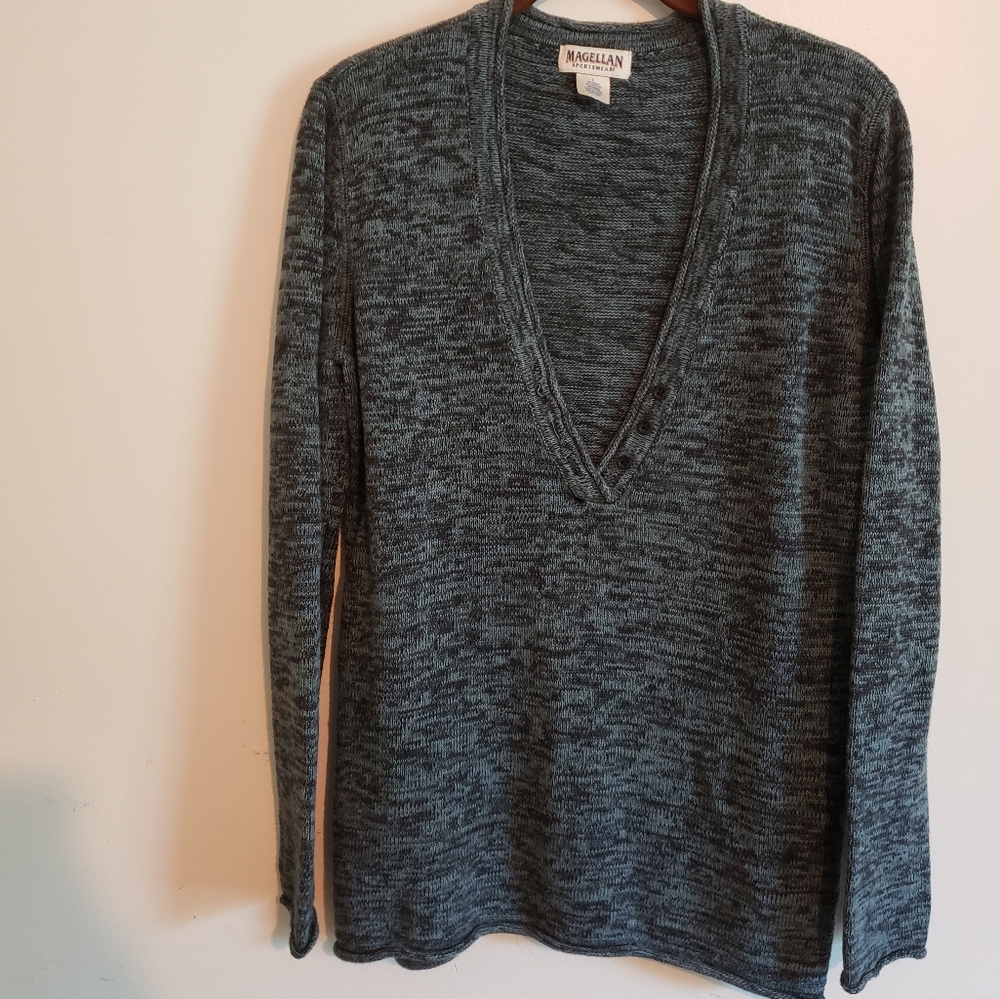 Magellan Sportswear Aqua Cotton Blend Deep V-neck Sweater L